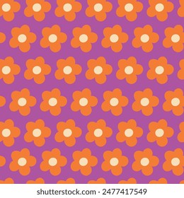 Nostalgic 60s and 70s retro background. Groovy flower power seamless pattern. Vintage hippie vector floral all over surface print. Ditsy grid wallpaper