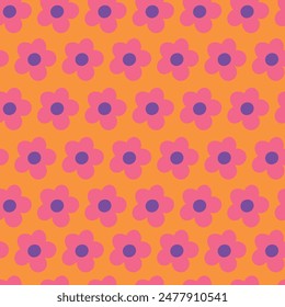 Nostalgic 60s and 70s retro background. Groovy flower power seamless pattern. Vintage hippie vector floral all over surface print. Ditsy grid wallpaper