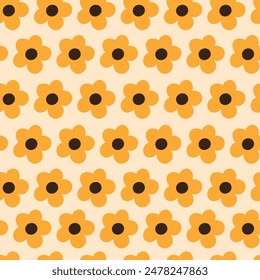 Nostalgic 60s and 70s retro background. Groovy flower power seamless pattern. Vintage hippie vector floral all over surface print. Ditsy grid wallpaper