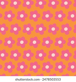 Nostalgic 60s and 70s retro background. Groovy flower power seamless pattern. Vintage hippie vector floral all over surface print. Ditsy grid wallpaper