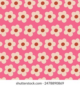 Nostalgic 60s and 70s retro background. Groovy flower power seamless pattern. Vintage hippie vector floral all over surface print. Ditsy grid wallpaper