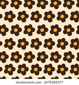 Nostalgic 60s and 70s retro background. Groovy flower power seamless pattern. Vintage hippie vector floral all over surface print. Ditsy grid wallpaper