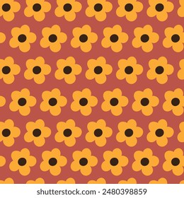 Nostalgic 60s and 70s retro background. Groovy flower power seamless pattern. Vintage hippie vector floral all over surface print. Ditsy grid wallpaper