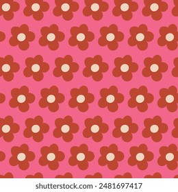 Nostalgic 60s and 70s retro background. Groovy flower power seamless pattern. Vintage hippie vector floral all over surface print. Ditsy grid wallpaper