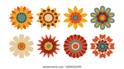 Nostalgic 60s and 70s retro flowers collection. 
Floral geometric vintage set in hippie style.