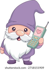 Nostálgico 80s Retro Gnome sosteniendo un teléfono móvil Antiguas Flip con corazón, Gen Z estética ilustración de San Valentín, "Call Me" concepto de amor Vector.
