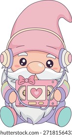 Nostalgic 80s Retro Gnome Holding a Vintage Music Cassette Tape with Heart, Pastel Aesthetic Valentine Character, "Mixtape for My Love" Concept for Gen Z Lo-fi Vibes Illustration.