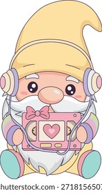 Nostalgic 80s Retro Gnome Holding a Vintage Music Cassette Tape com Coração, Pastel Aesthetic Valentine Character, "Mixtape for My Love" Conceito para Gen Z Lo-fi Vibes Ilustração.