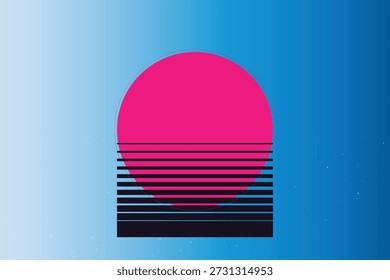 A nostalgic 80s synthwave sunset featuring bold stripes and a grid, evoking classic vaporwave aesthetics.