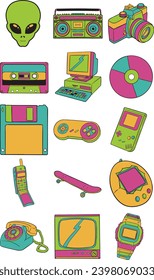 Juego de ilustraciones con dibujos a mano de nostálgicos de los años 90