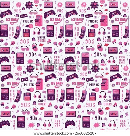 Nostalgic 90s seamless pattern with retro tech like game controllers, cassette tapes, and boomboxes. Perfect for vintage themes, reflecting a playful and colorful pop culture trend.