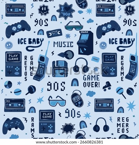 Nostalgic 90s seamless pattern with retro tech like game controllers and cassette tapes in a cool, blue monochrome palette. Perfect for vintage themes and reflecting a pop culture trend.