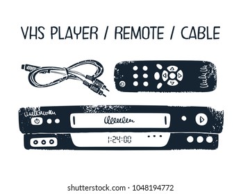 Nostalgic 90s technology set with video player, remote control and cable. Vector illustration. 