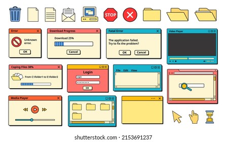 Nostalgic 90s Ui. Retro error messages, old computer icons and app windows vector set. User interface with vintage aesthetic icons, error, download progress, video player, coping files templates