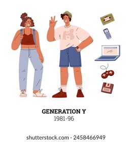 Nostalgic 90s vibe. Vector illustration of Generation Y individuals with iconic tech gadgets, representing the relaxed and tech-embracing spirit of the era.