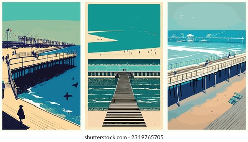 Nostalgic Beach Boardwalk Retro Vibes And Coastal Delights set collection of abstract vector illustration