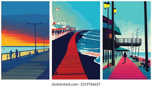 Nostalgic Beach Boardwalk Retro Vibes And Coastal Delights set collection of abstract vector illustration