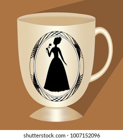 Nostalgic beige coffee cup with victorian lady silhouette, traditional ceramics, 3d cup with long shadow on light brown background