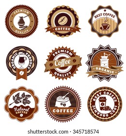 Nostalgic best quality premium coffee emblems labels collection for sale vintage brown abstract isolated vector illustration