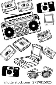 Nostálgico patrón de boceto en blanco y negro de dispositivos de los años 90 y 80: reproductor de cassette portátil, boombox, cámara de película y cintas de audio