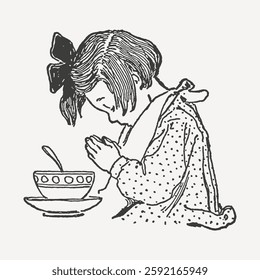 A nostalgic black and white vintage illustration of a little girl with short hair and a bow, praying before eating. A classic and heartwarming depiction of faith and gratitude.