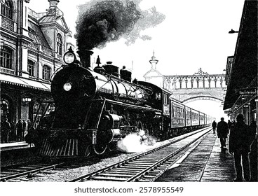 A nostalgic black-and-white digital illustration of a steam locomotive arriving at a grand historic train station. The classic architecture and bustling platform evoke the golden age of rail travel.