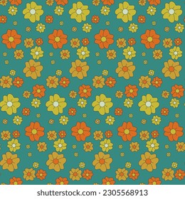 Nostalgic cartoon floral seamless pattern. Unique hand drawn vector flowers in flat style on green background. Perfect for fabric, wallpaper, wrapping paper, background, interior decor, kids textile