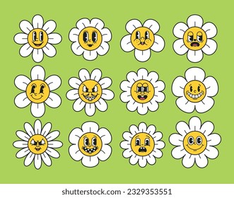 Nostalgische und charmante Daisy-Emoticons, Retro-Cartoons mit ausdrucksvollen Emotionen. Fröhlich, traurig, gelangweilt und mürrisch