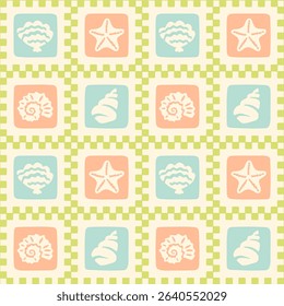 Nostalgic check seamless pattern with seashells. Retro sea holiday mosaic background. Patchwork blocks vintage cutouts marine print. Pastel summer beach pattern. Hand drawn shells collection.