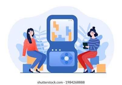 Nostalgic for childhood playing retro pop portable classic console game pad. Gaming addiction. Flat abstract metaphor cartoon vector illustration concept design isolated on white background.