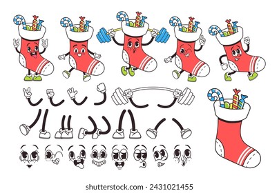 Nostalgic Christmas Retro Sock With Sweets Cartoon Character. Vector Set Featuring Elements Of A 60s Or 70s Personage