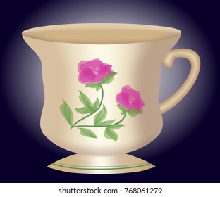 Nostalgic coffee cup with brown polish and white flower, traditional rustic-style ceramics, 3d cup on beige and brown background, Vector EPS 10