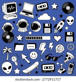 A nostalgic collection of retro y2k and nineties inspired stickers featuring tech icons like floppy disks and old computers. This aesthetic vector set captures the essence of vintage pop culture with playful doodles and pixel art elements.