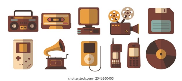 Una colección nostálgica de iconos de la tecnología vintage, con radios, cintas de casete, disquetes y gramófonos, diseñados en un estilo retro y elegante.