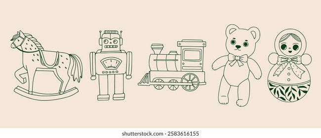 Nostalgic collection of vintage toy illustrations: rocking horse, robot, train, teddy bear, doll. Hand drawn linear minimalist clipart. Childhood retro outline design elements. Kids set