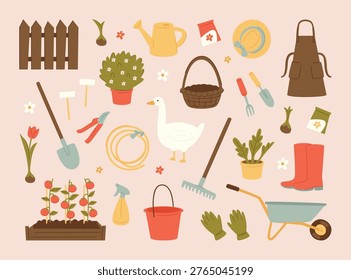 Nostalgic cottagecore elements set. Cute vintage dress, bicycle, floral basket, chicken, apple pie, teapot, watering can, boots, hat and book. Cosy countryside scrapbook icons. Vector illustration.