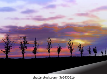 Nostalgic dark landscape with road, silhouettes of trees and clouds