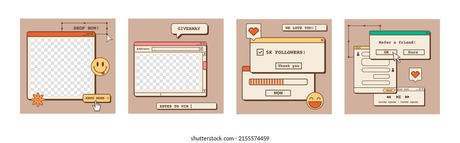 Nostalgic design of social media posts. Retro 80s 90s aesthetic backdrops, groovy backgrounds with old computer user interface. Set of square poster templates in vaporwave style. Vector illustration.