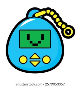 A nostalgic digital pet with a pixelated screen in comic style