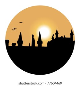 Nostalgic drawing of a sunset over a gothic city