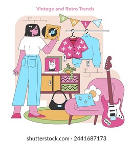 Nostalgisches Flair im Display. Ein Käufer schwelgt in Retro- und Vintage-Trends und wählt zeitlose Modestücke aus einem Secondhand-Laden aus. Eine Rückkehr zum klassischen Stil. Vektorgrafik.