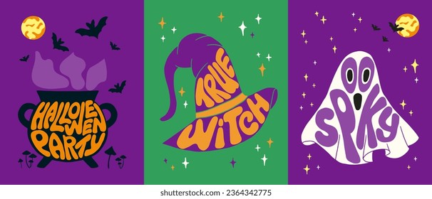Nostalgic groovy halloween typographic posters set. Hand drawn holiday slogans in shapes of cauldron, witchs hat and ghost. Trendy print design for posters, cards, tshirt, social media graphics