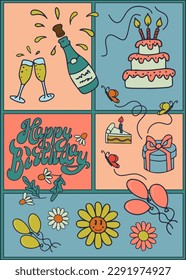 Nostalgic Happy birthday graphic vector concept. Hand drawn elements for birthday party in flat retro style. Ideal for social media, graphic poster, postcard, background, print, fabric pattern, cover