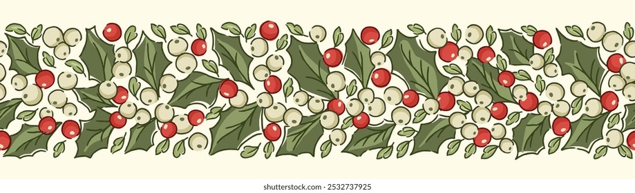 Nostálgico holly guirlanda vetor sem emenda borda horizontal nas cores tradicionais de Natal. Festivo vitoriano design evergreen com folhagem de férias de inverno vintage desenhado à mão e bagas