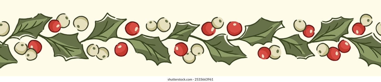 Nostalgic holly garland vector seamless horizontal border in traditional Christmas colors. Festive Victorian evergreen design with hand-drawn vintage winter holiday foliage and berries