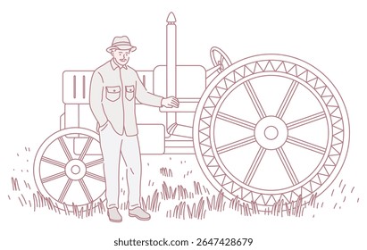 A nostalgic illustration depicting a farmer proudly standing next to a vintage tractor set in a serene rural landscape