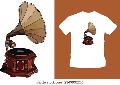Nostalgic imagery from past of television phonograph hand drawn shirt design editable template