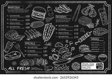 Nostalgic menu presented on a chalkboard. Hand-drawn food details. A usable vintage menu design. Meat and grill options are presented with hand-drawn images.