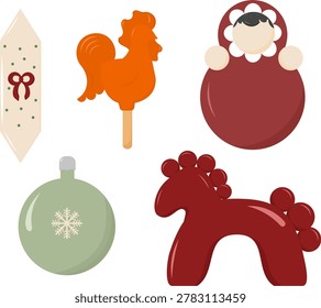 Nostalgic New Year Decorations Set with Rooster, Matryoshka Doll, Horse and Bauble Flat Design