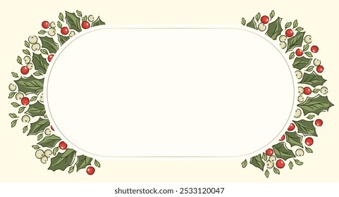 Nostalgic oval holly garland illustration in traditional Christmas colors. Festive evergreen border with vintage holiday foliage and berries, ideal for seasonal winter imagery.